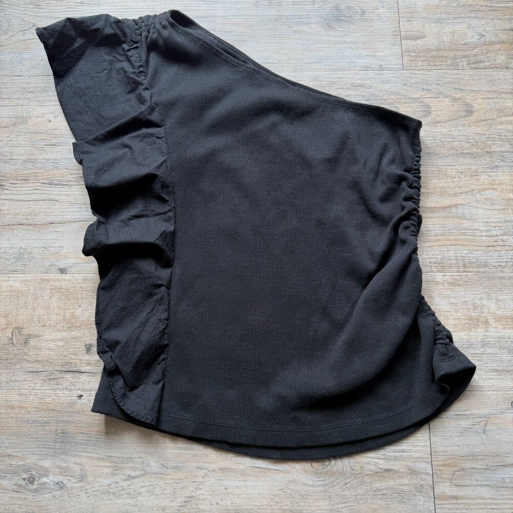 Anthropologie Black One Shoulder Ruffled Blouse Size 1X Stretch Summer